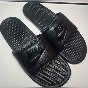 NIKE Benassi JDI Slide size 11 Mens Black Just Do It AOP Swoosh Logo Slip On